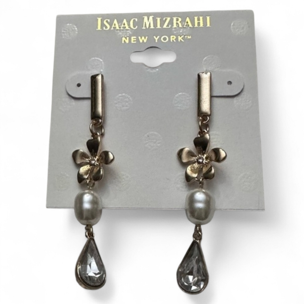 Isaac Mizrahi Gold Floral Drop Earrings with Pearl and‎ Clear Teardrops